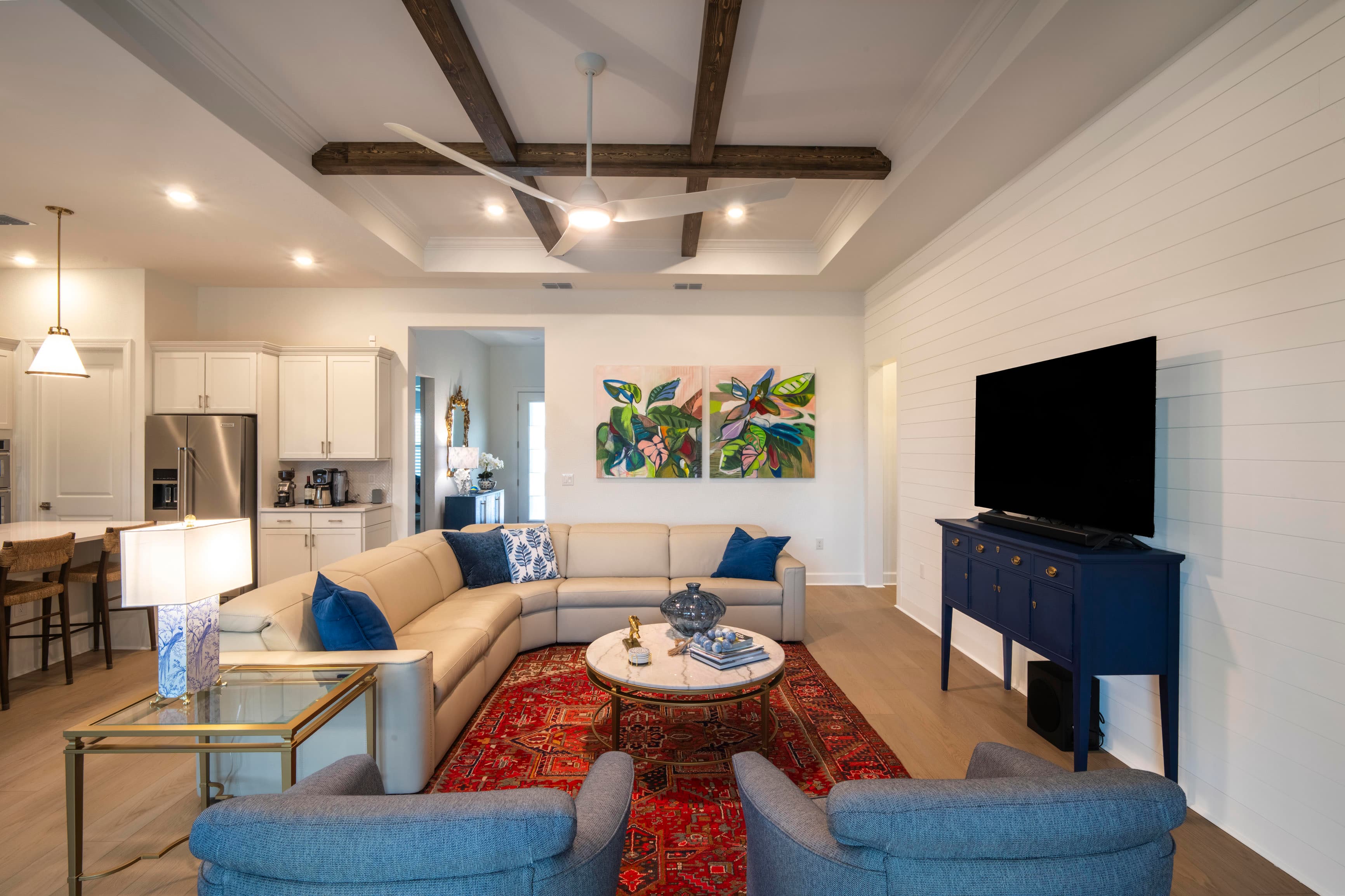 Shiplap feature wall with coordinating beams