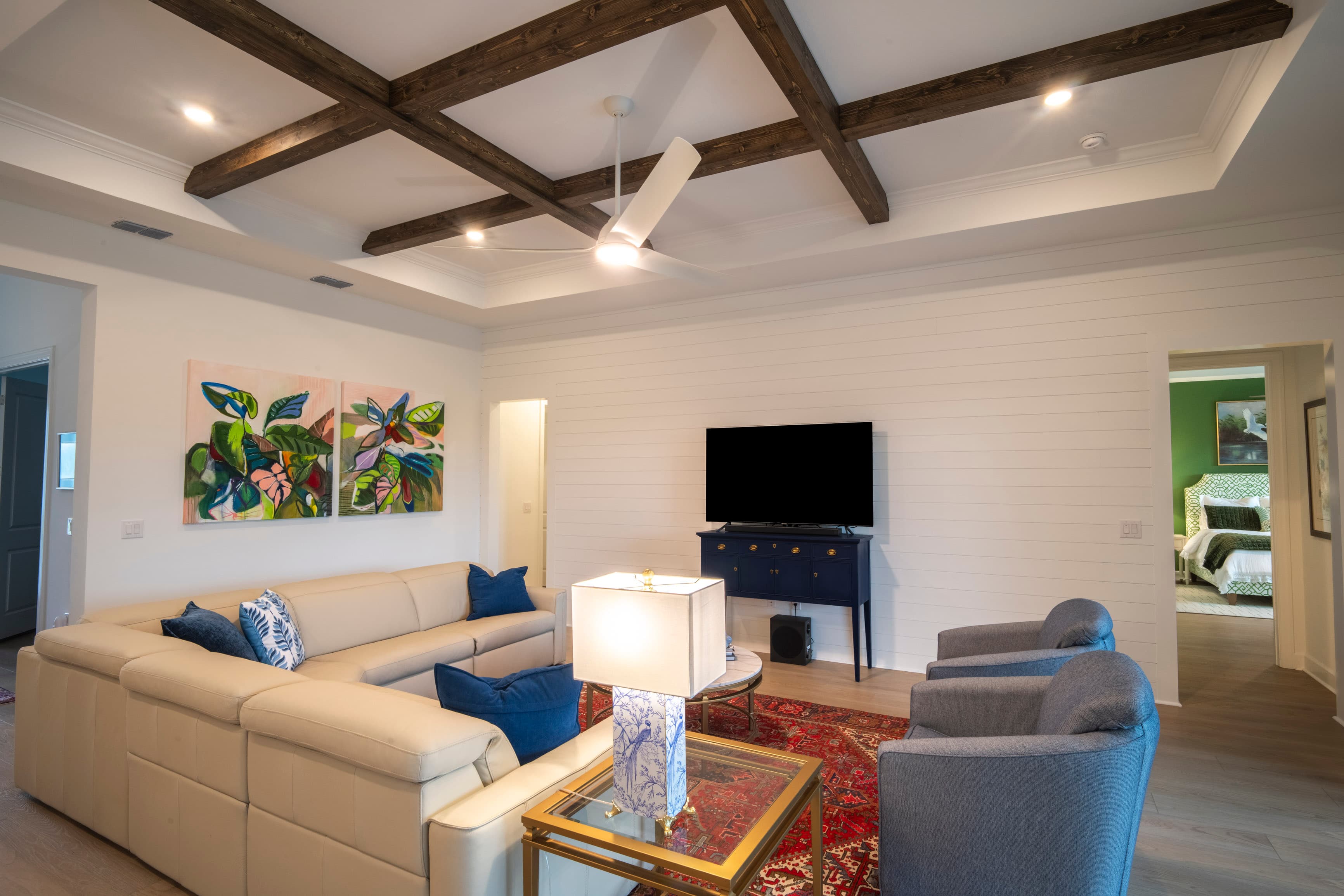 Shiplap feature wall with coordinating beams